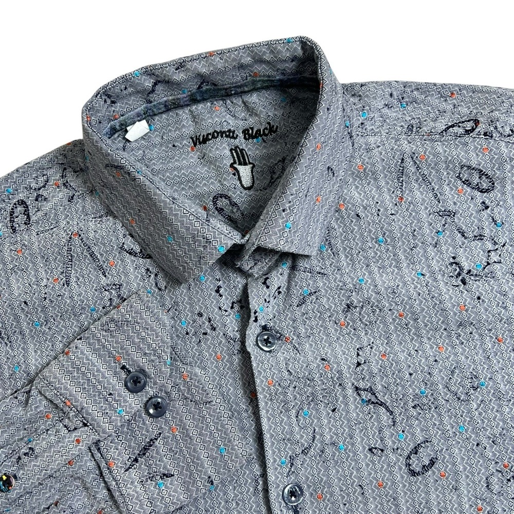 Visconti Black Men M Loop Collar Gray Geometric Long Sleeve Button Up Shirt READ